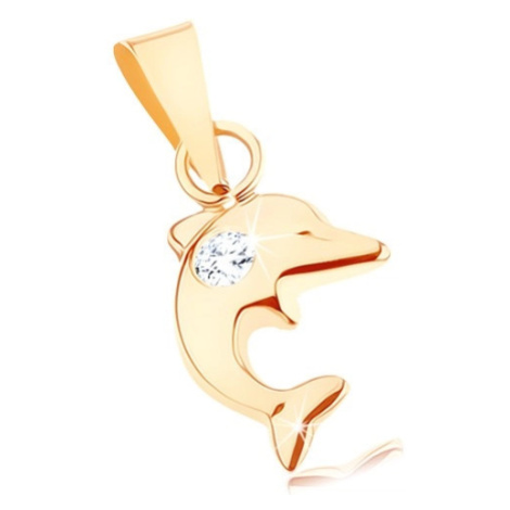Přívěsek ve žlutém 9K zlatě - malý skákající delfín, kulatý čirý zirkon Šperky eshop