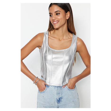 Trendyol Silver Shiny Printed Corset-Look Fitted Square Collar Crop Knitted Blouse