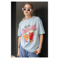 Madmext Ice Blue Printed Crew Neck Women's T-Shirt