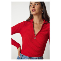 Happiness İstanbul Women's Red Zipper Stand Up Collar Corduroy Knitwear Blouse