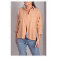 armonika Women's Light Brown Loose Linen Shirt with Pocket