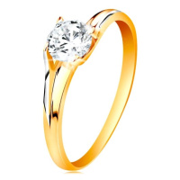 Prsten ve 14K zlatě - třpytivý čirý zirkon v lesklém vyvýšeném kotlíku