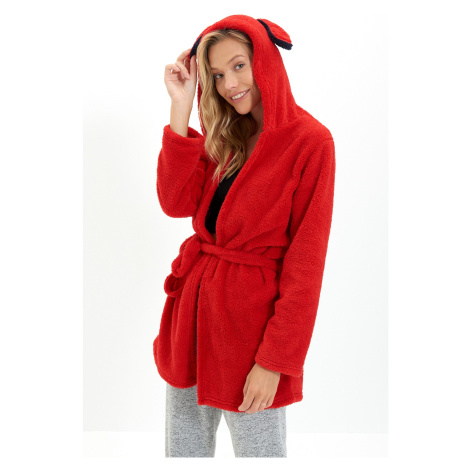 Trendyol Red Ear and Back Embroidery Detailed Plush/Wellsoft Winter Knitted Dressing Gown