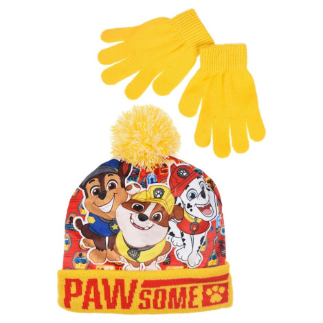 PAW PATROL ŽLUTO-ORANŽOVÁ SADA ČEPICE A RUKAVIC Červená