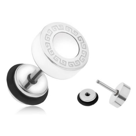 Ocelový fake plug do ucha, bílý glazovaný kruh, řecký klíč, 8 mm Šperky eshop
