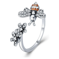 Stříbrný prsten se zirkony - včela a květiny