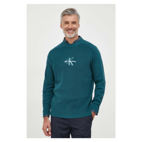Bavlněný svetr Calvin Klein Jeans zelená barva, lehký