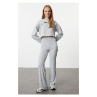 Trendyol Gray Melange Wide Leg High Waist Interlock Elastic Knitted Trousers