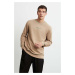 GRIMELANGE Albert Men's Round Neck Fleece Printed And Contrast Stitched Beige Sweatshir