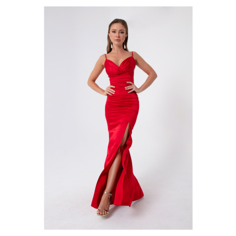 Lafaba Women's Red Satin Evening Dress &; Prom Dress with Straps and a Slit