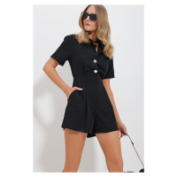 Trend Alaçatı Stili Women's Black Shirt Collar Double Pocketed Shorts Jumpsuit