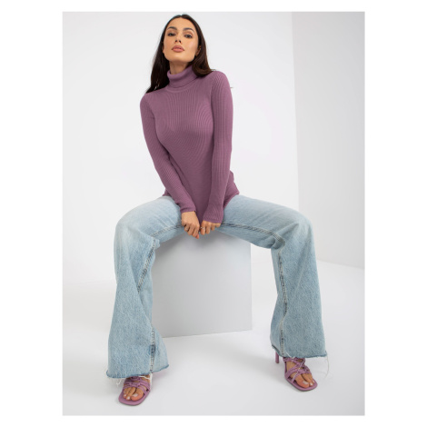 Dámský fialový pruhovaný svetr s rolákem Fashionhunters