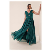 By Saygı Front Back V-Neck Stone Detailed Waist Draped Plus Size Chiffon Long Dress with a Front