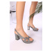 Shoeberry Women's Modena Platinum Glittery Platform Heels.