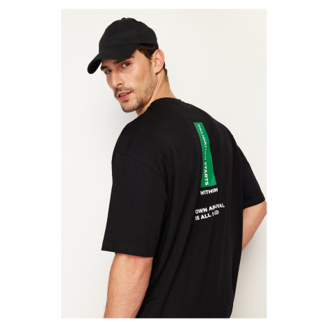 Trendyol Black Oversize/Wide Cut Crew Neck Text Printed 100% Cotton T-Shirt