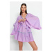 Trendyol Lilac Belted Mini tkané volánkové 100% bavlněné plážové šaty