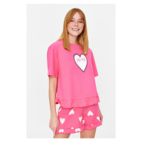 Trendyol Pink 100% Cotton Heart Patterned Ruffle Detailed T-Shirt-Shorts Knitted Pajama Set
