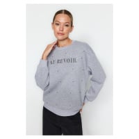 Trendyol Gray Melange Stone and Embroidery Detail Regular Fit Fleece Inside Knitted Sweatshirt