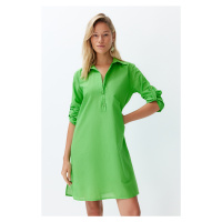 Trendyol Green Belted Midi 100% Cotton Beach Dress with Woven Ribbon Accessory
