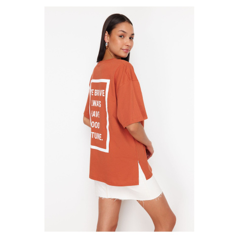 Trendyol Cinnamon Slogan Printed Oversize/Wide Pattern Knitted T-Shirt
