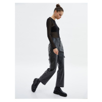 Koton Leather Look Cargo Pants Faded Effect Normal Waist Straight Wide Legs With Pockets.