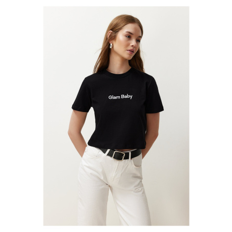 Trendyol Black 100% Cotton Slogan Printed Regular Crop Knitted T-Shirt