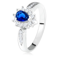 Lesklý prsten - stříbro 925, tmavě modrý zirkon - slza, čiré kamínky