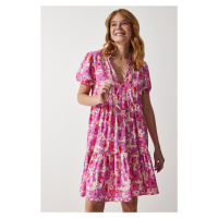 Happiness İstanbul Women's Pink Floral Summer Viscose Flared Dress