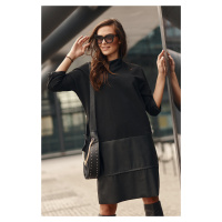 Oversize mikinové šaty s prvky z ekologické kůže - černá barva