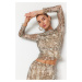 Trendyol Khaki Patterned Draped Knitted Blouse with See-through Back Fitted/Plastic Wear
