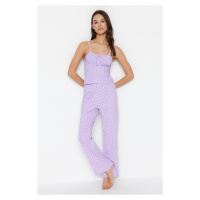 Trendyol Lilac Polka Dot Cotton Rope Strap Knitted Pajama Set