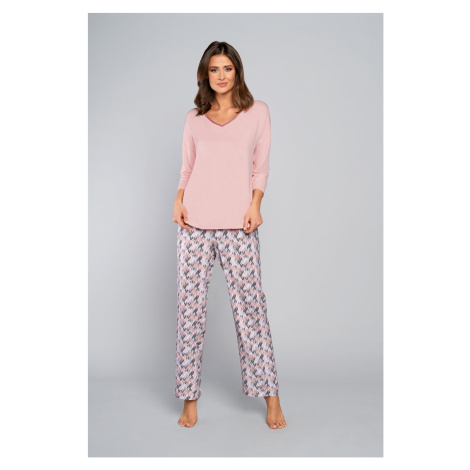 Dámské bambusové pyžamo, 3/4 rukáv, dlouhé nohavice - pudrově růžová/potisk Italian Fashion