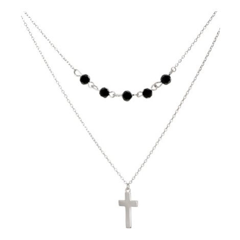 Dvojitý stříbrný náhrdelník s křížkem a korálky STNAH103F JVD
