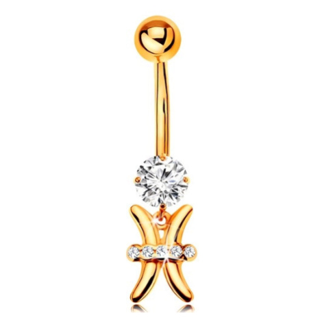 Zlatý 585 piercing do bříška - čirý zirkon, lesklý symbol zvěrokruhu - RYBY Šperky eshop