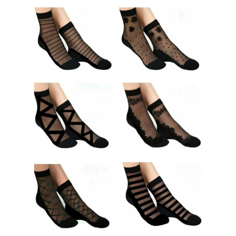 14223 Dewberry Patterned Tulle Women Socks 6 Pack-BLACK