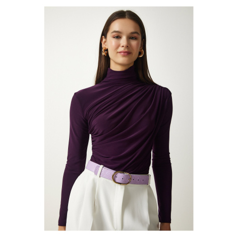 Happiness İstanbul Women's Plum Gathering Detailed High Collar Sandy Blouse