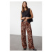 Trendyol Brown Leopard Patterned High Waist Pleated Wide Leg Trousers with Velcro Belt