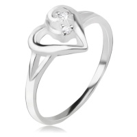 Srdíčkovitý prsten, obrys asymetrického srdce, čiré kamínky, stříbro 925