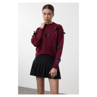 Trendyol Claret Red Soft Textured Ribbon/Bow Detailed Knitwear Sweater