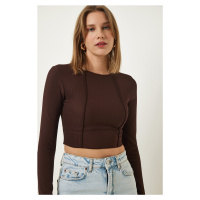 Happiness İstanbul Brown Ribbed Ribbed Crop Blouse