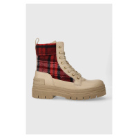 Nízké kozačky Tommy Hilfiger FEMININE TARTAN LACE UP BOOTIE dámské, béžová barva, na plochém pod