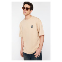 Trendyol Beige Oversize Compass Label 100% Cotton T-Shirt