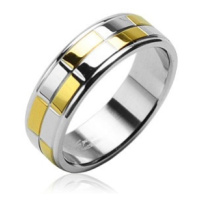 Ocelový snubní prsten se zlatými a stříbrnými lesklými obdélníky