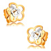 Náušnice v kombinovaném 14K zlatě - dvojitá zvlněná kontura květu, čirý zirkonek