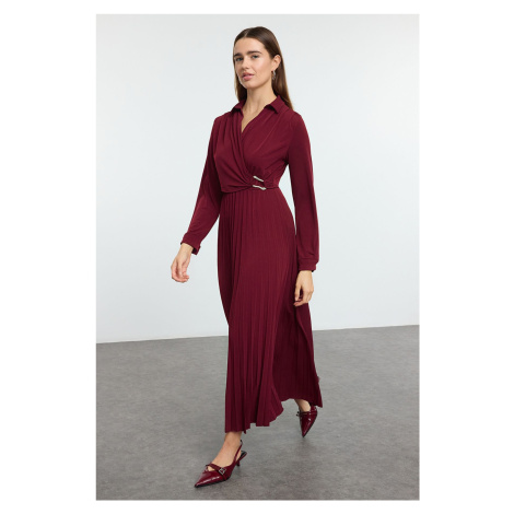 Trendyol Burgundy Double Breasted Pleated Accessory Detailed Knitted Dress