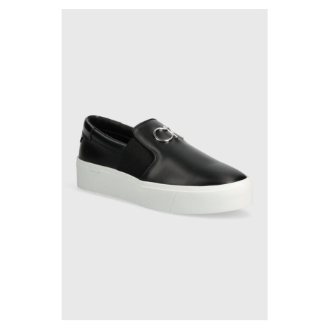 Kožené tenisky Calvin Klein FLATFORM CUP SLIP ON RE LOCK LTH dámské, černá barva, HW0HW02057