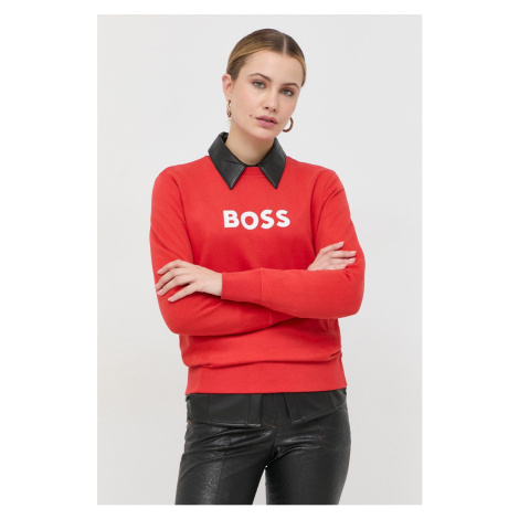 Bavlněná mikina BOSS dámská, červená barva, s potiskem Hugo Boss
