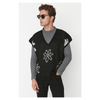 Trendyol Black Unisex Oversize Fit Wide Fit Floral Patterned Knitwear Sweater