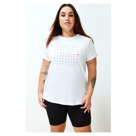 Trendyol Curve White Foil Print Detailed Boyfriend Knitted T-shirt