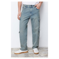 Trendyol Blue Worn Look Cargo Pocket Wide Cut Jeans Loose Denim Trousers
